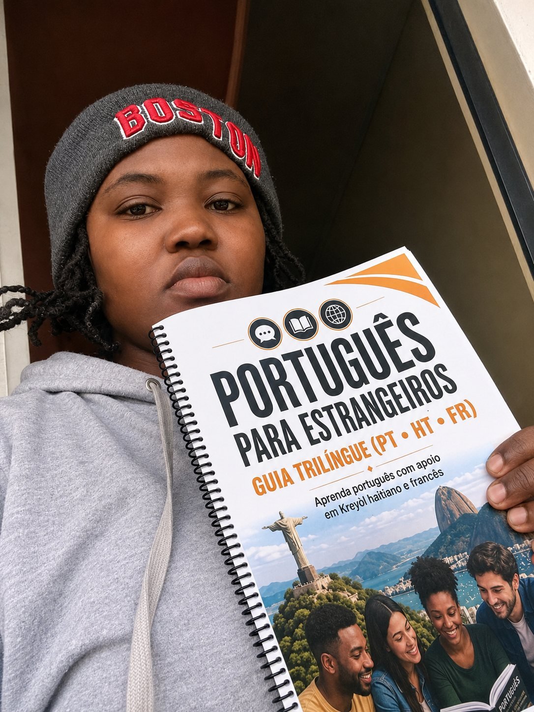 Aluno com o livro Português para Estrangeiros