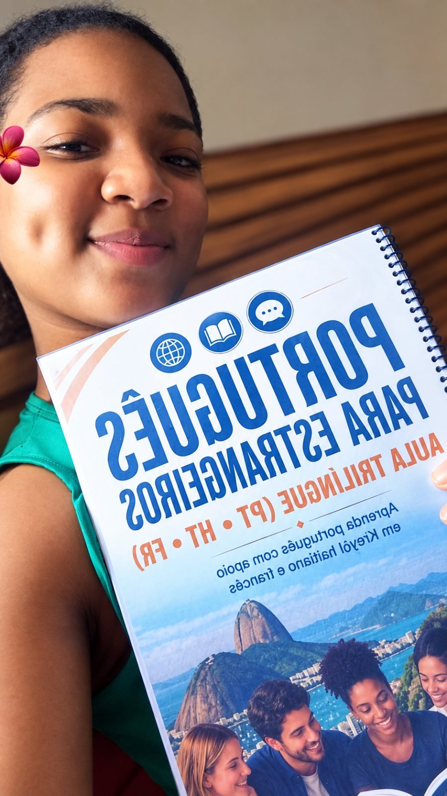 Aluno com o livro Português para Estrangeiros